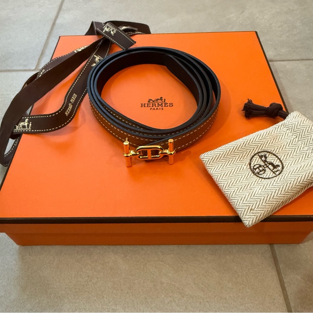 Hermes Reversible Calfskin Leather Strap Belt 13mm with Ancre Buckle in Gold